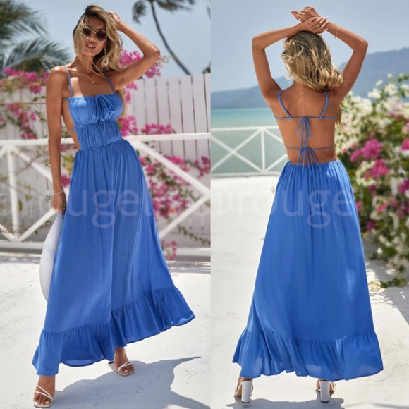 Blue Backless Maxi Dress Flared Tie Straps Ruffle Hem Gathered, Ruched Front - Picture 1 of 12